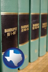 texas map icon and bankruptcy law books
